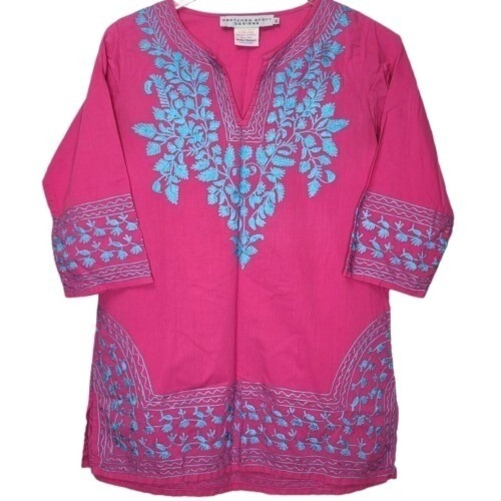 Gretchen Scott Embroidered Tunic Top XS Pink Turquoise Blue Summer Beach Cotton